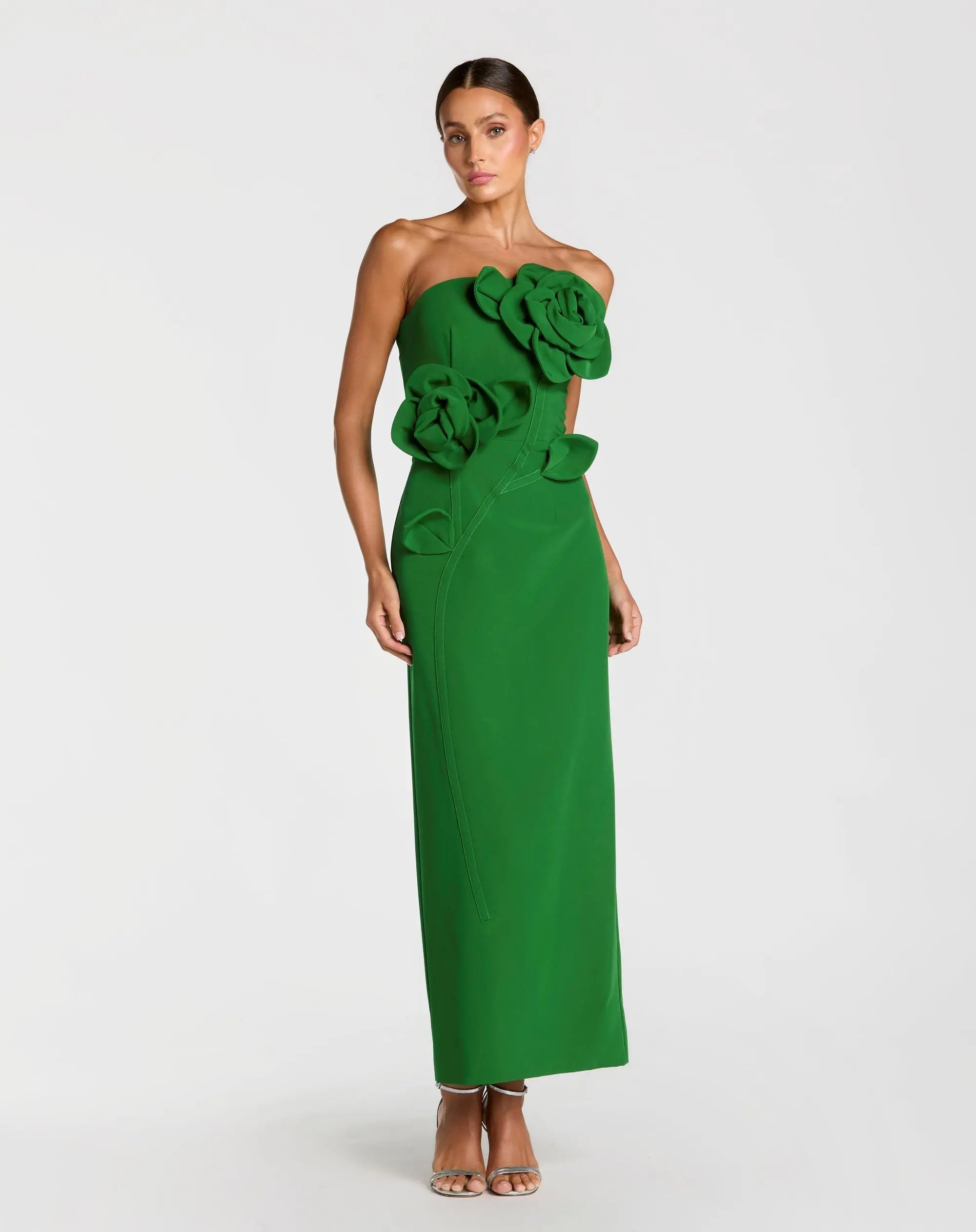 Strapless Crepe Dress With 3D Flower Detail