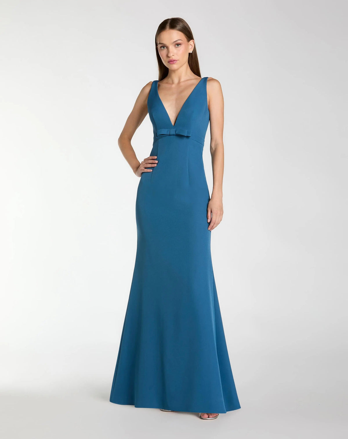 Blue Crepe Sleeveless V Neck Mermaid Gown With Bow