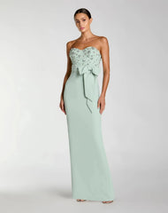 Green Strapless Embellished Bustier Gown with Bow