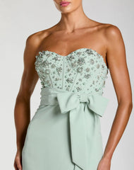 Green Strapless Embellished Bustier Gown with Bow
