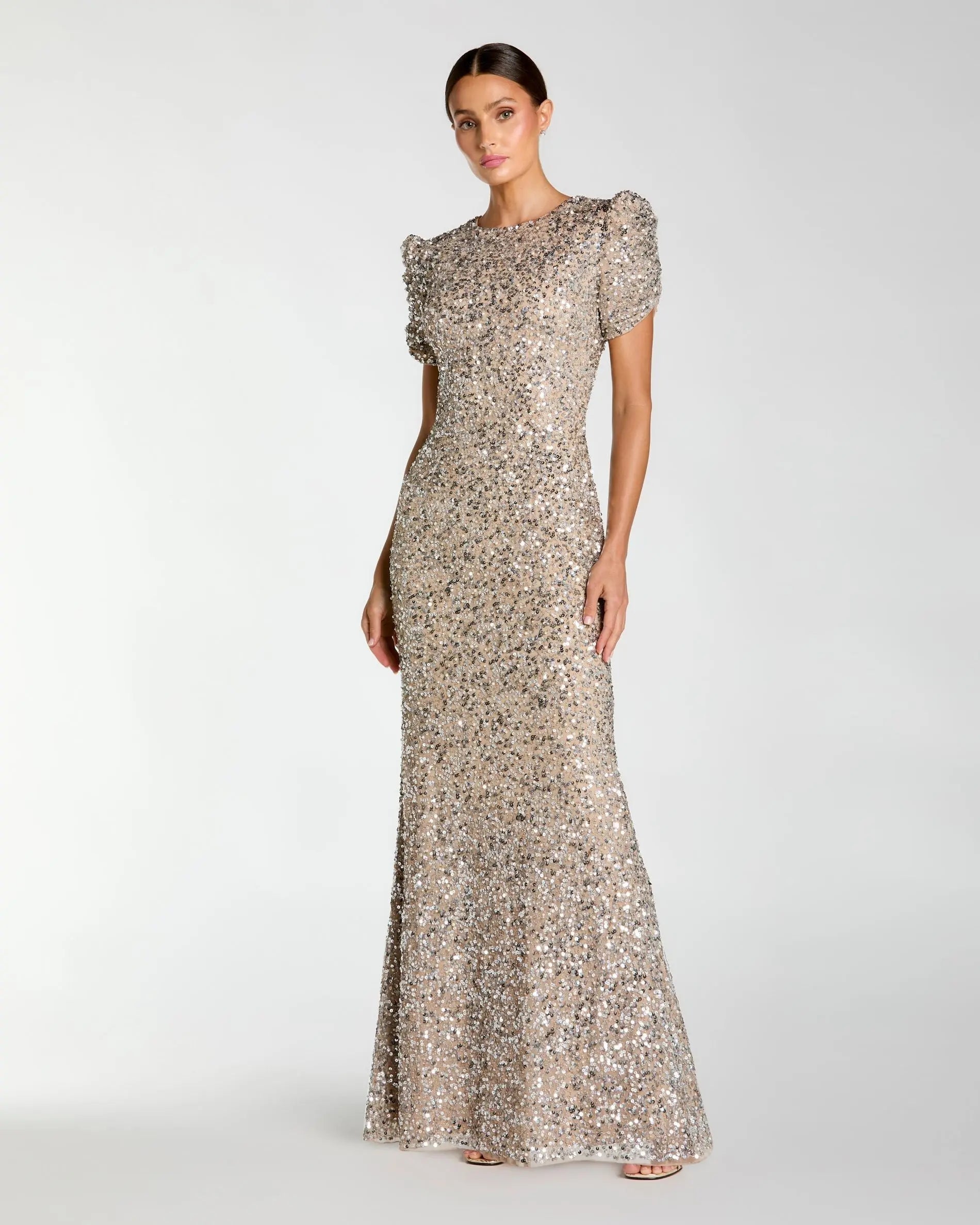 Gathered Short Sleeve Beaded Gown