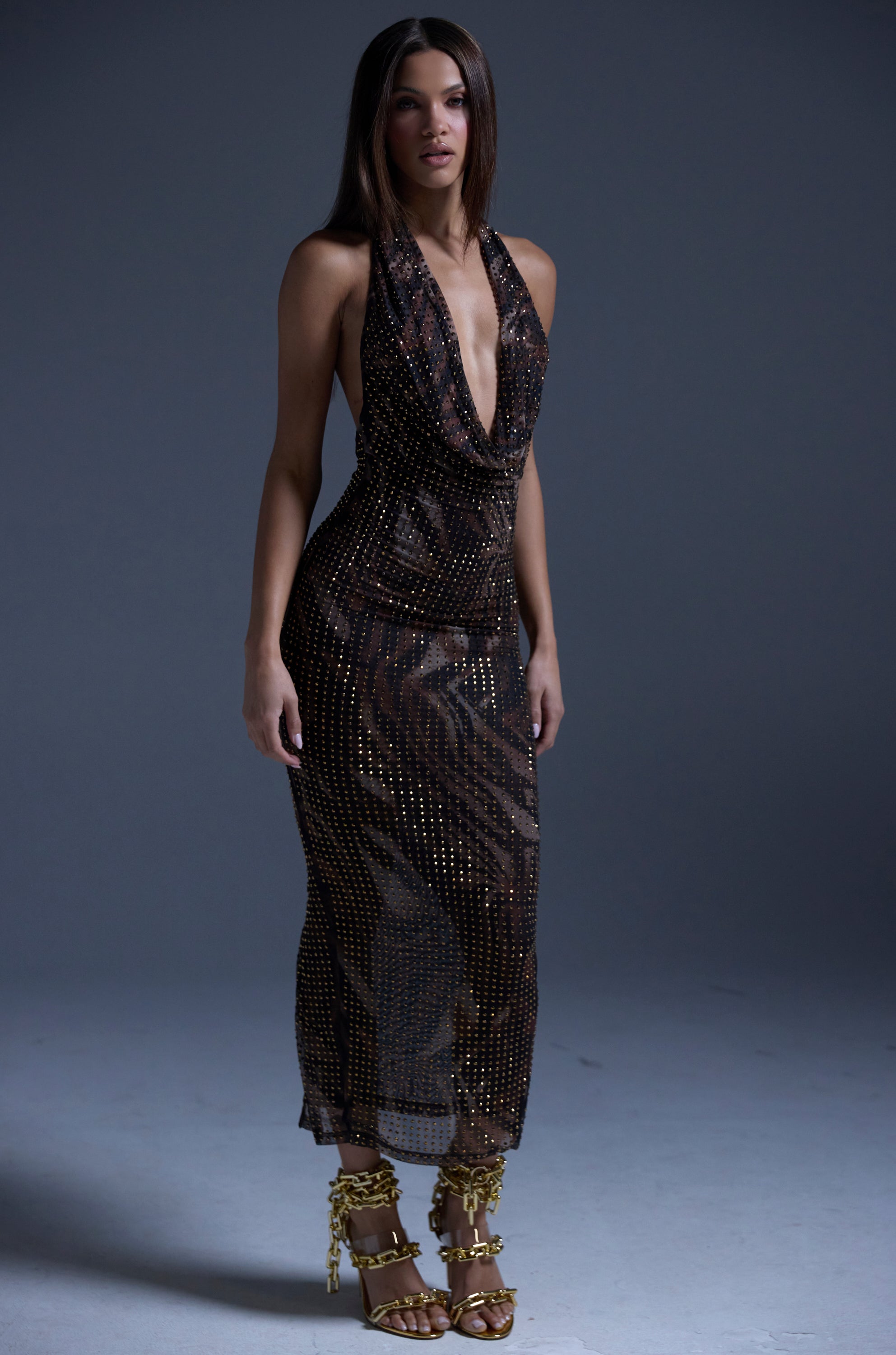 LENNON PRINTED MESH RHINESTONE MIDI DRESS