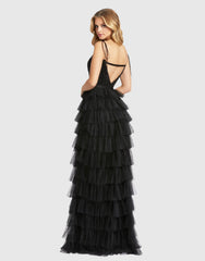 Black Sequined Bustier Tiered Ruffle Gown - FINAL SALE