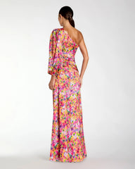 Multicolor One Sleeve Floral Print Charmeuse Gown With Slit