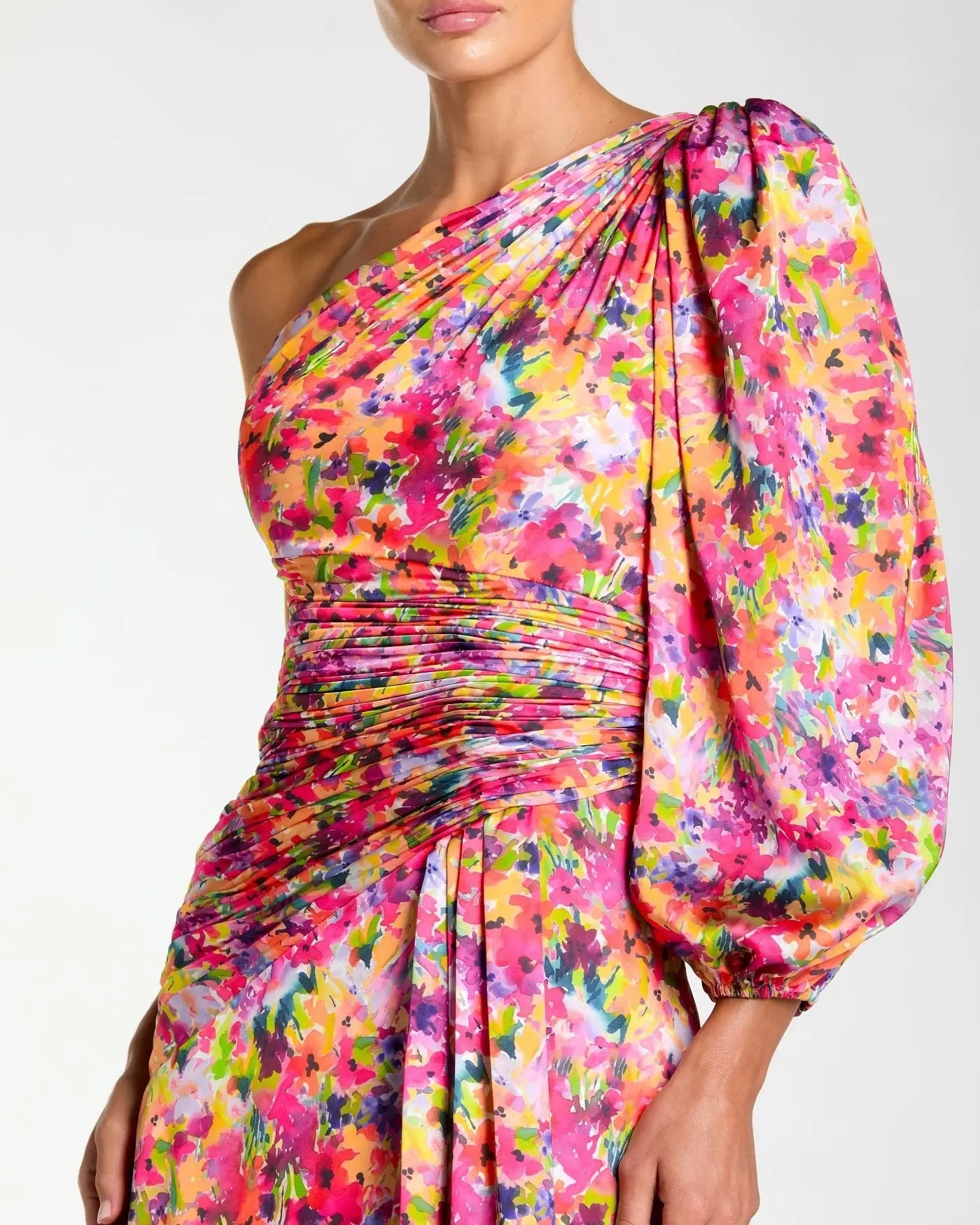 Multicolor One Sleeve Floral Print Charmeuse Gown With Slit