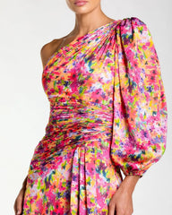 Multicolor One Sleeve Floral Print Charmeuse Gown With Slit