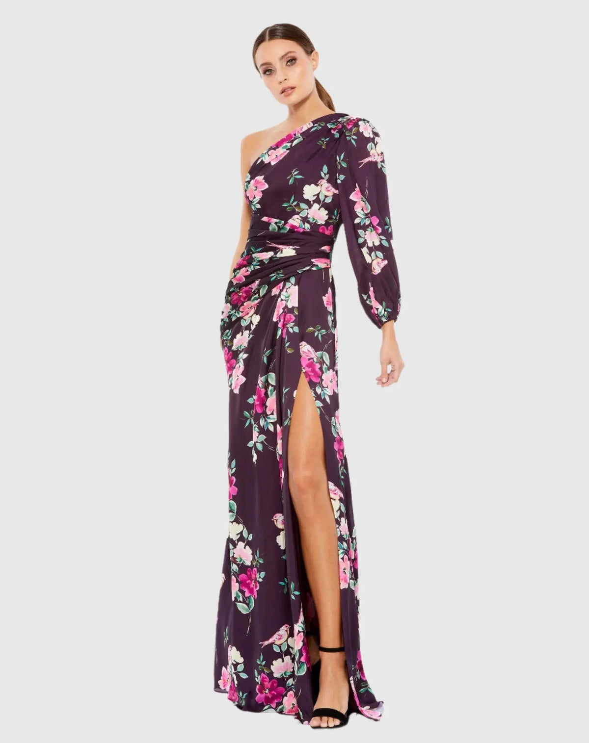 Purple One Sleeve Floral Print Charmeuse Gown With Slit