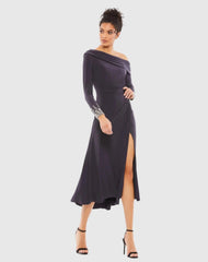 Foldover Long Sleeve Jeweled Midi Dress