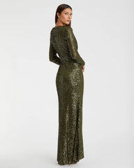 Green Sequined Long Sleeve Gown
