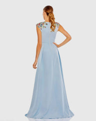 Dark Blue Beaded Cap Sleeve V Neck A Line Gown - FINAL SALE