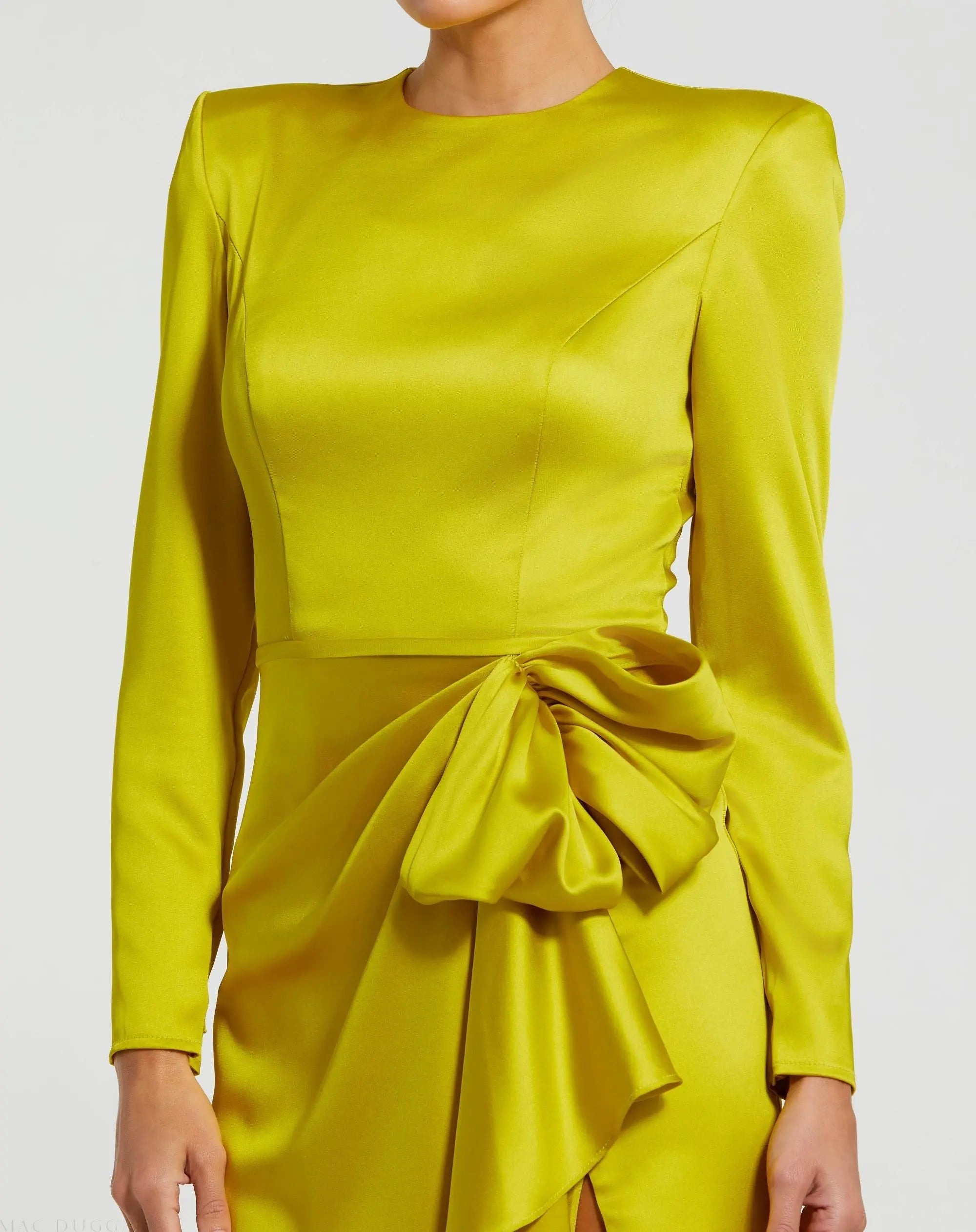 Green Long Sleeve Satin Structured Bow Draped Column Gown