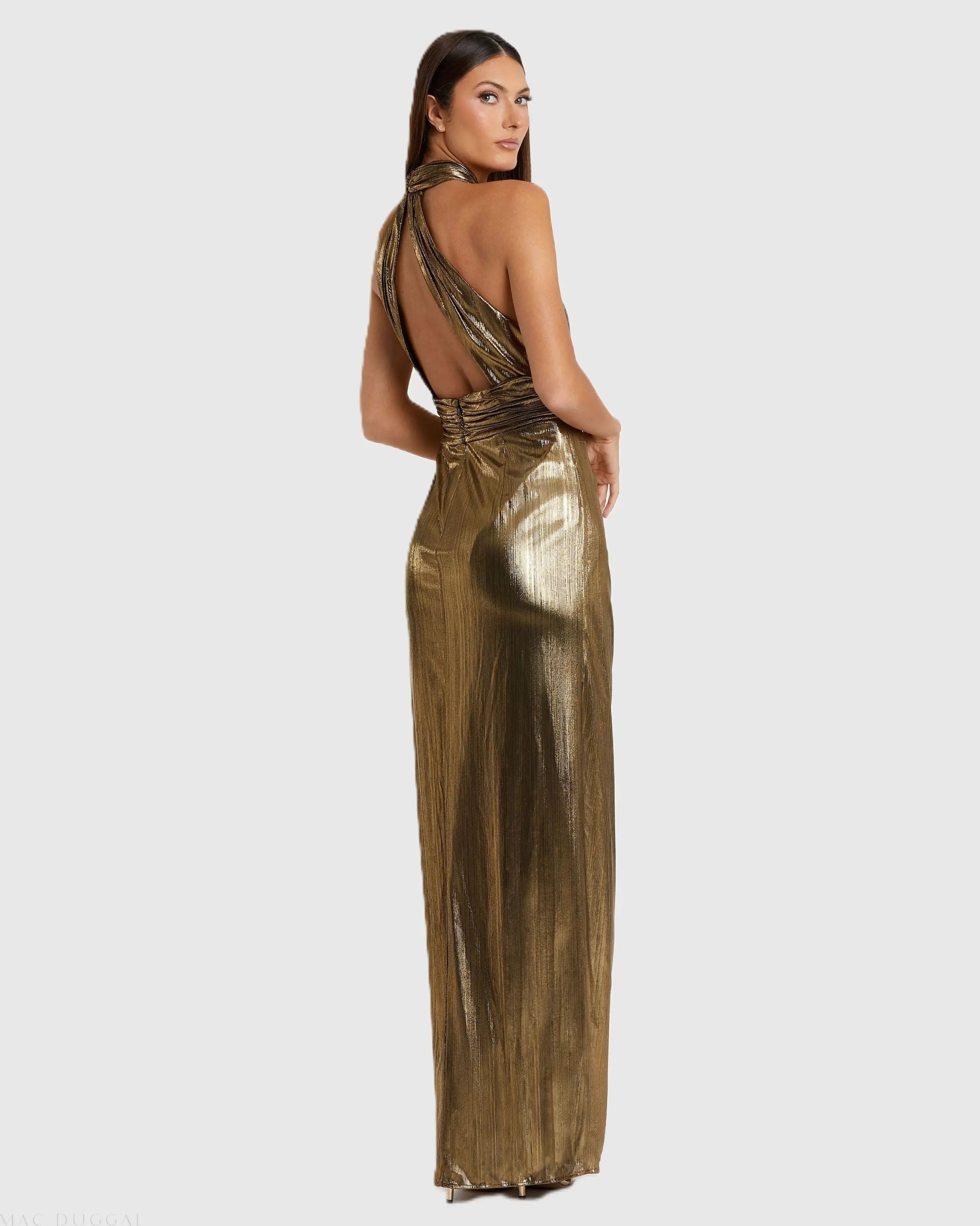 Gold Metallic Criss Cross Halter Neck Gown - FINAL SALE