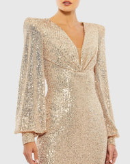 Gold Sequined Structured Bishop Sleeve Mini Dress