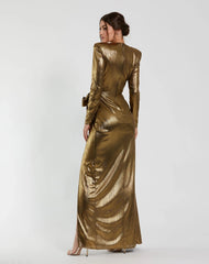 Gold Metallic Long Sleeve Gown With Bow