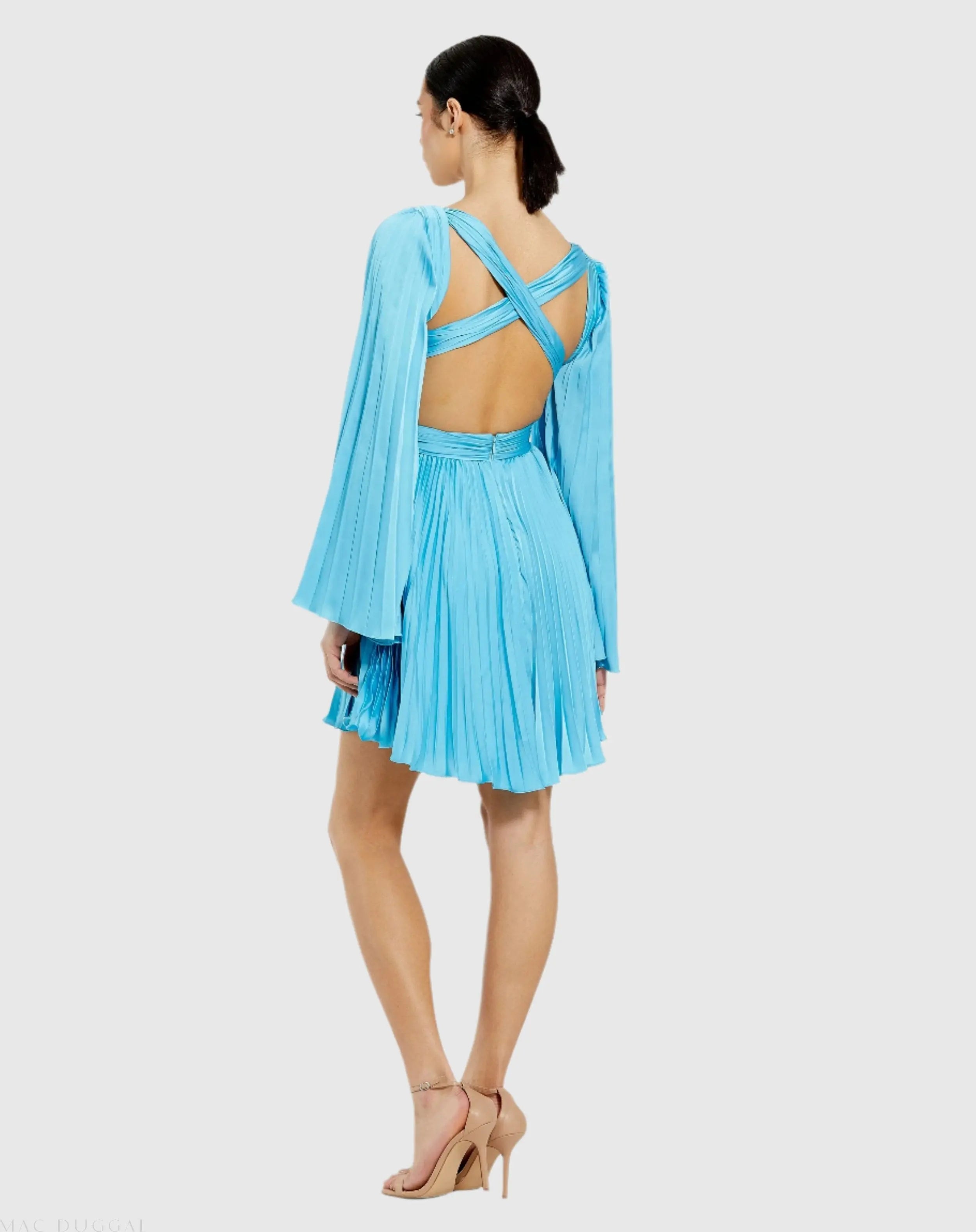 Blue Pleated V-Neck Cutout Long Sleeve Mini Dress