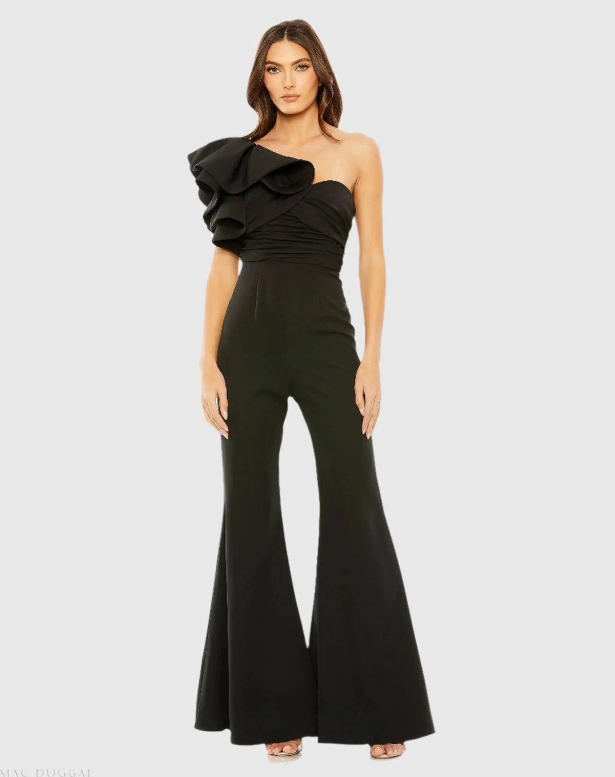 Black One Shoulder Ruffle Detail Flare Pant Jumpsuit - FINAL SALE