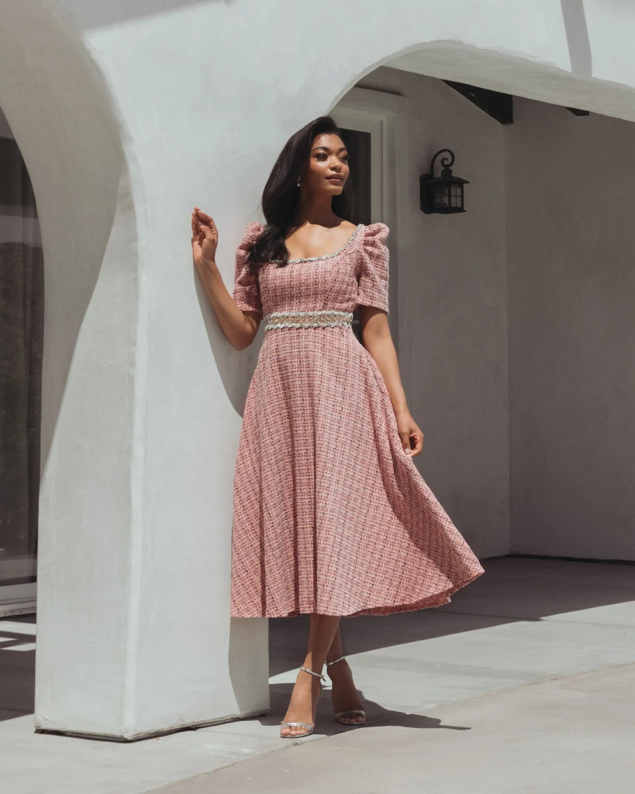 Pink Puff Sleeve Boucle Midi Dress With Beaded Belt