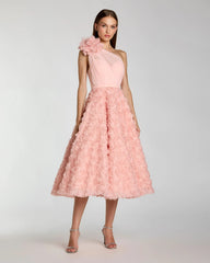 Pink One Shoulder 3D Floral Rosette Midi Dress