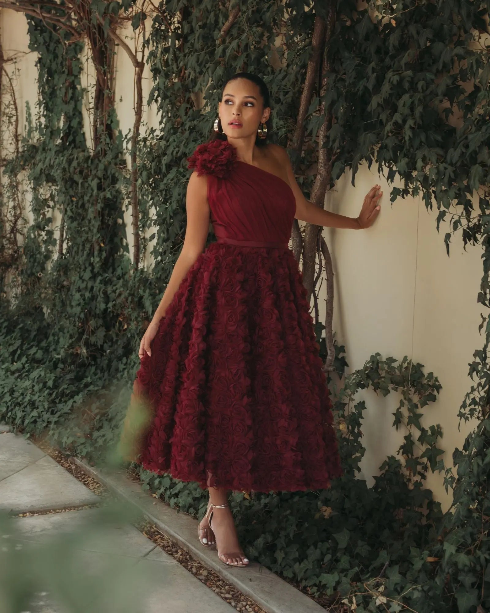 Red One Shoulder 3D Floral Rosette Midi Dress