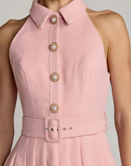 Pink Pleated A Line Mini Dress with Pearl Button Detail