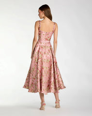 Pink Sleeveless Brocade A Line Midi Dress