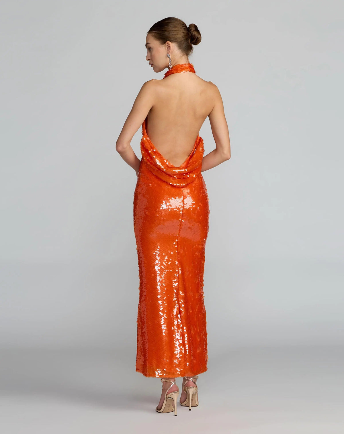 Orange Sequin Halter Neck Open Back Dress