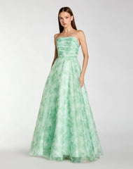 Green Strapless Floral Chiffon Gown with Ruched Detail