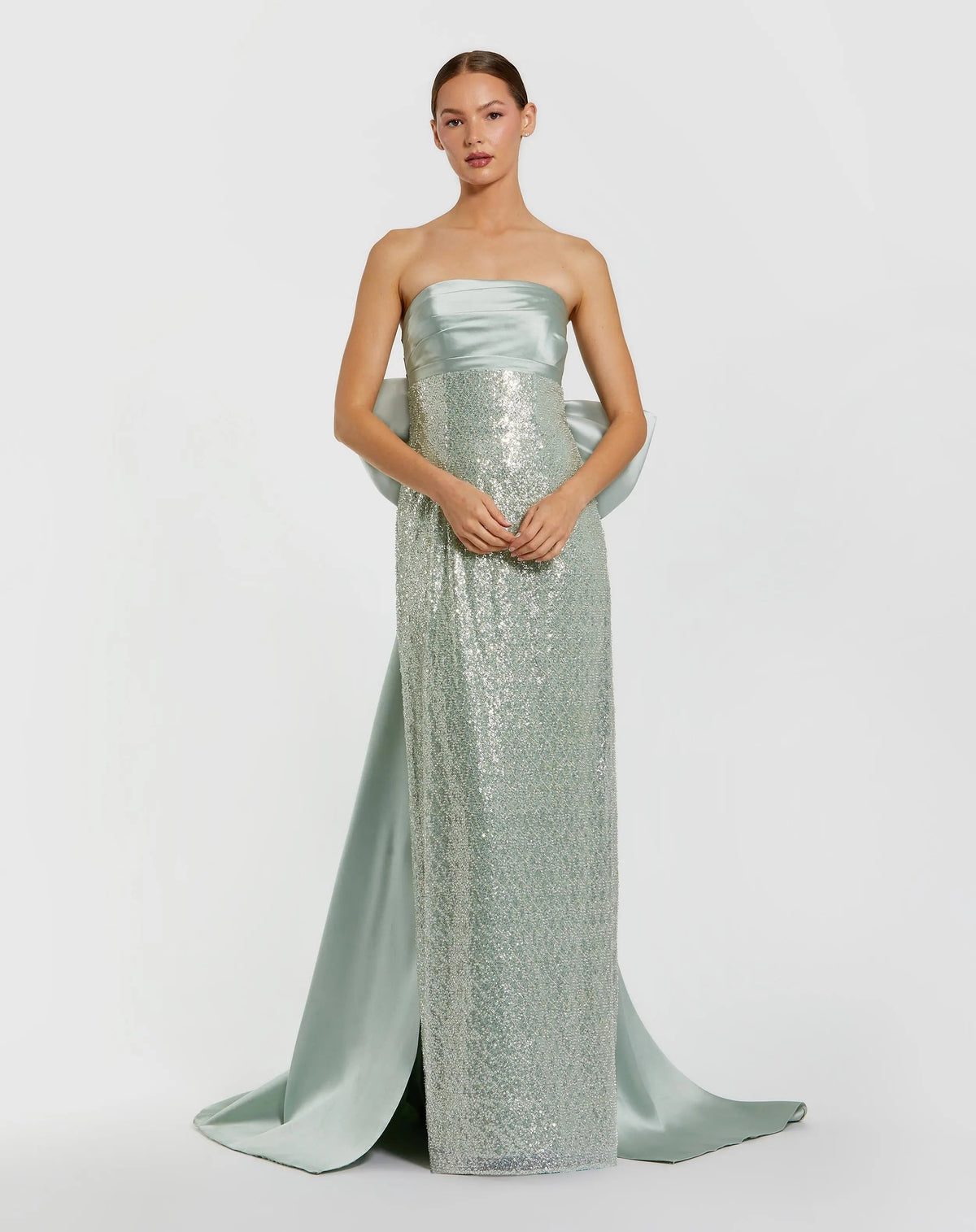 Strapless Embellished Gown With Back Bow Detail