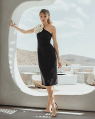 Black One Shoulder Boucle Midi Dress With 3D Flower
