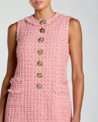 Pink Boucle Sleeveless Mini Dress with Gold Buttons