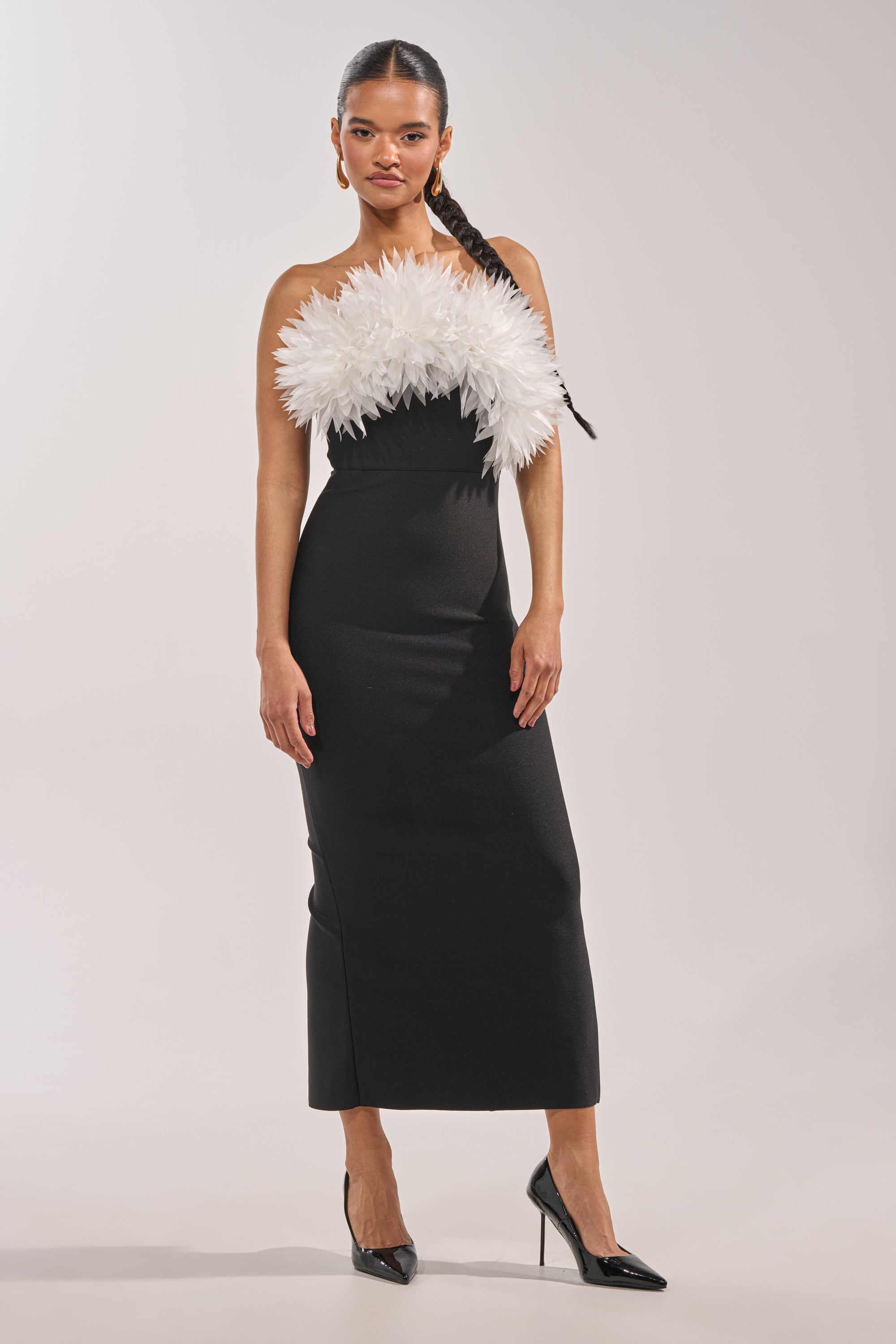 HEART ON MY SLEEVE BANDAGE MIDI DRESS IN BLACK