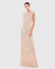 Pink Embellished Fringe Cap Sleeve Trumpet Gown