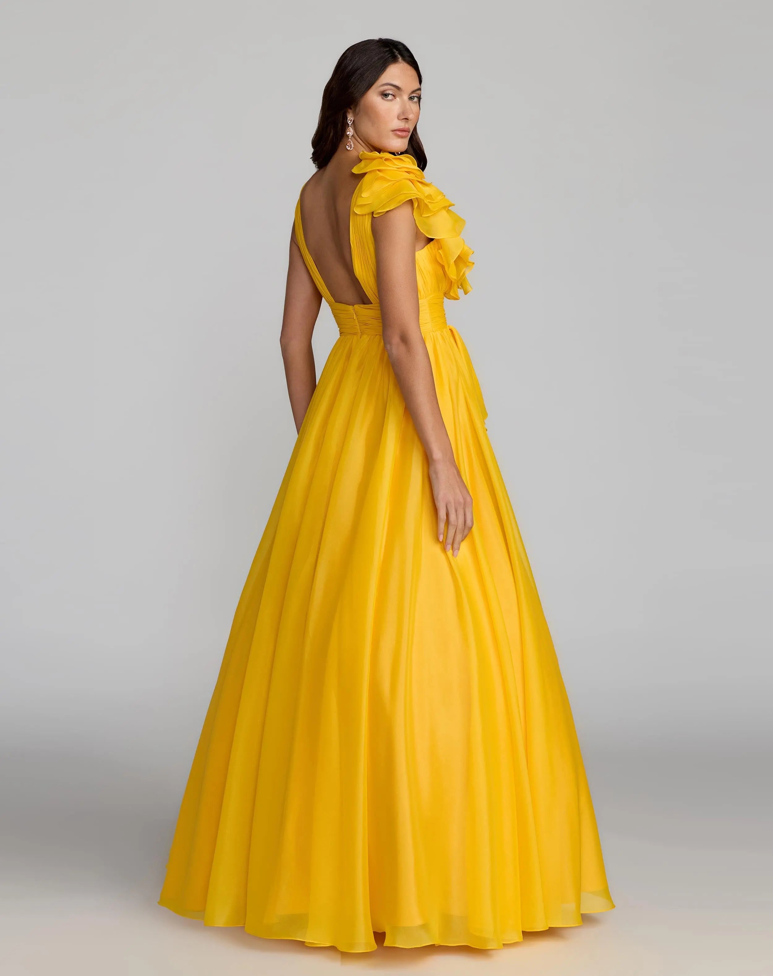 Yellow Ruffle Shoulder V-Neck Chiffon Gown