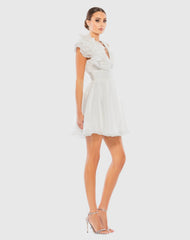 White Ruffle V Neck Fit & Flare Mini Dress