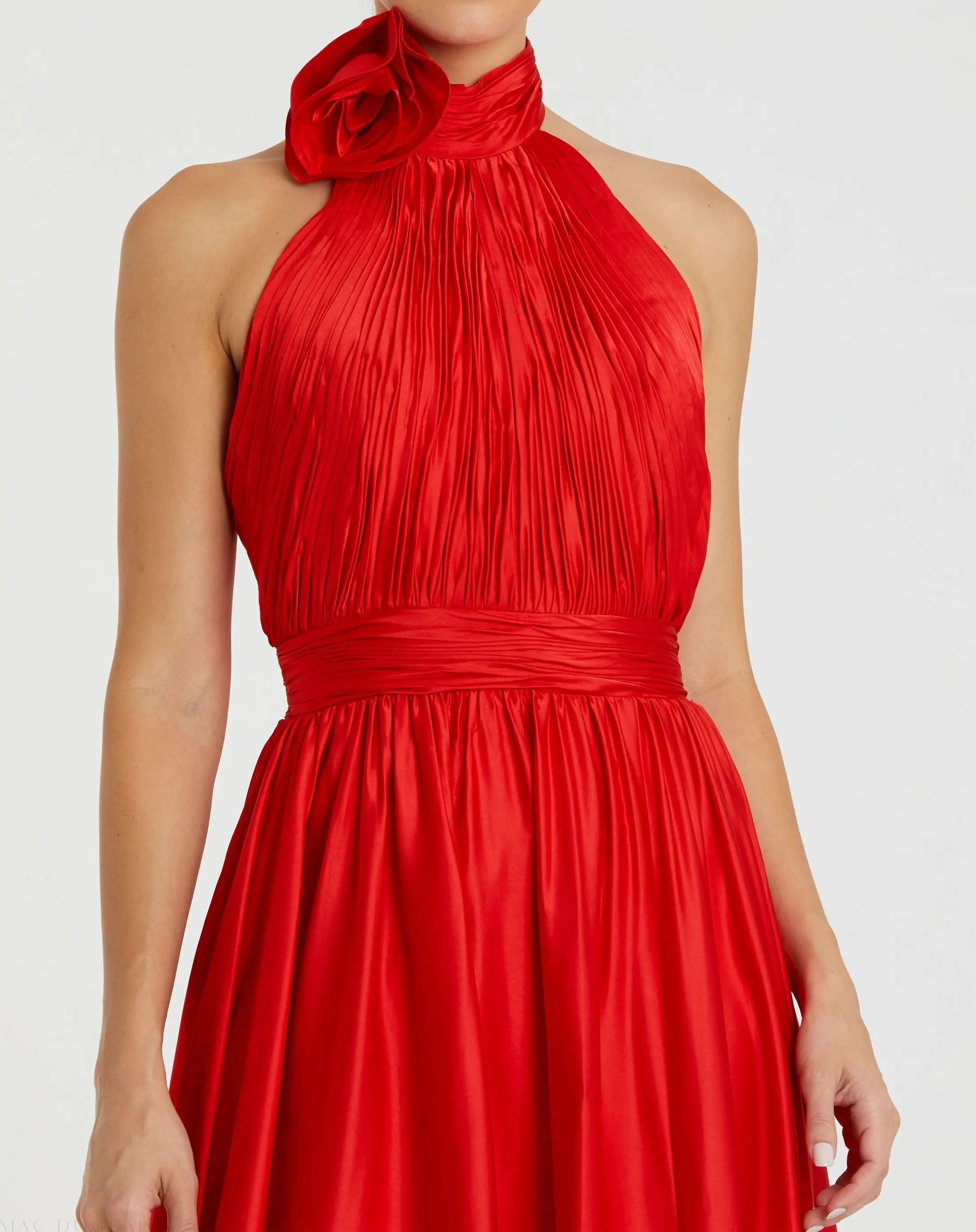 Red Halter Neck Open Back Satin Gown With Slit