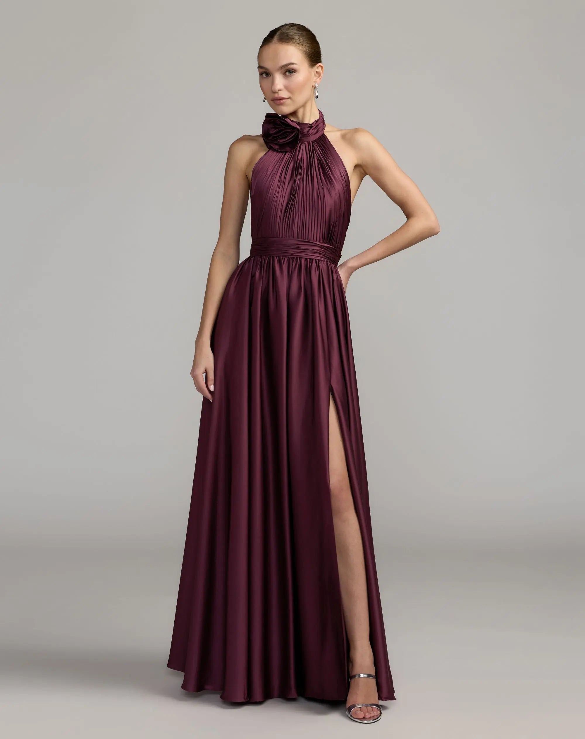 Soft Tie Halter Neck High Slit Gown