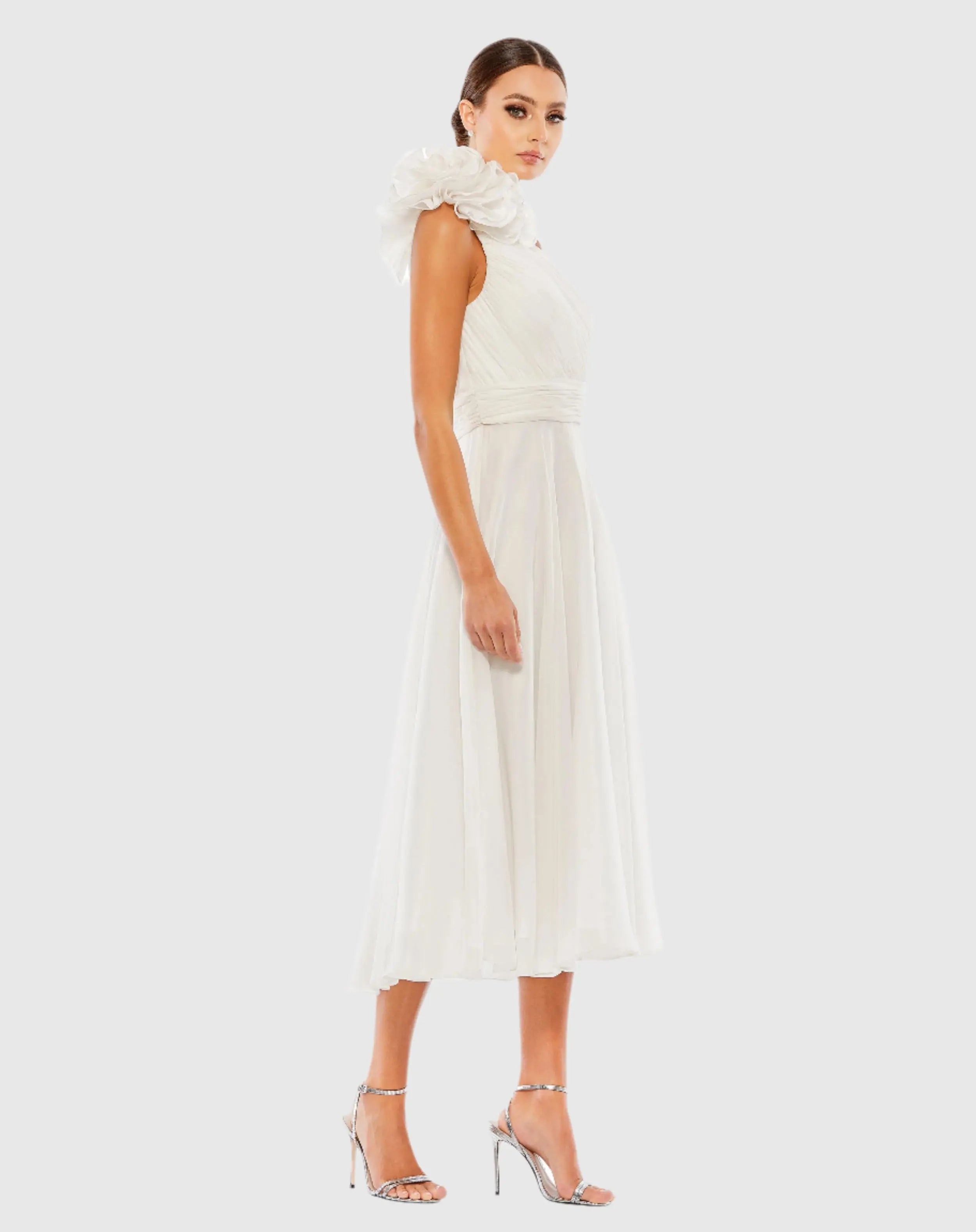 White Rosette One Shoulder Tea Length Dress