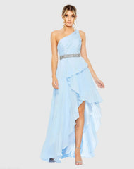 Pleated One Shoulder Asymmetrical Ruffle Hem Gown