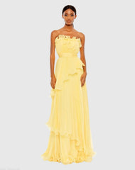 Yellow Pleated Tiered Ruffled Strapless Gown