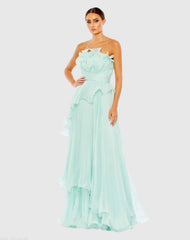 Pleated Tiered Ruffled Strapless Gown