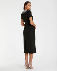 Black Short Sleeve Rhinestone Neckline Midi Dress