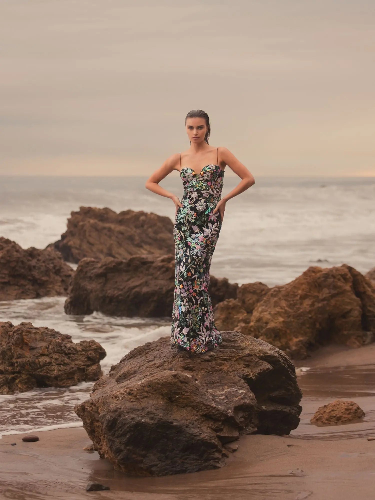 Black Multicolor Embroidered Bustier Trumpet Gown