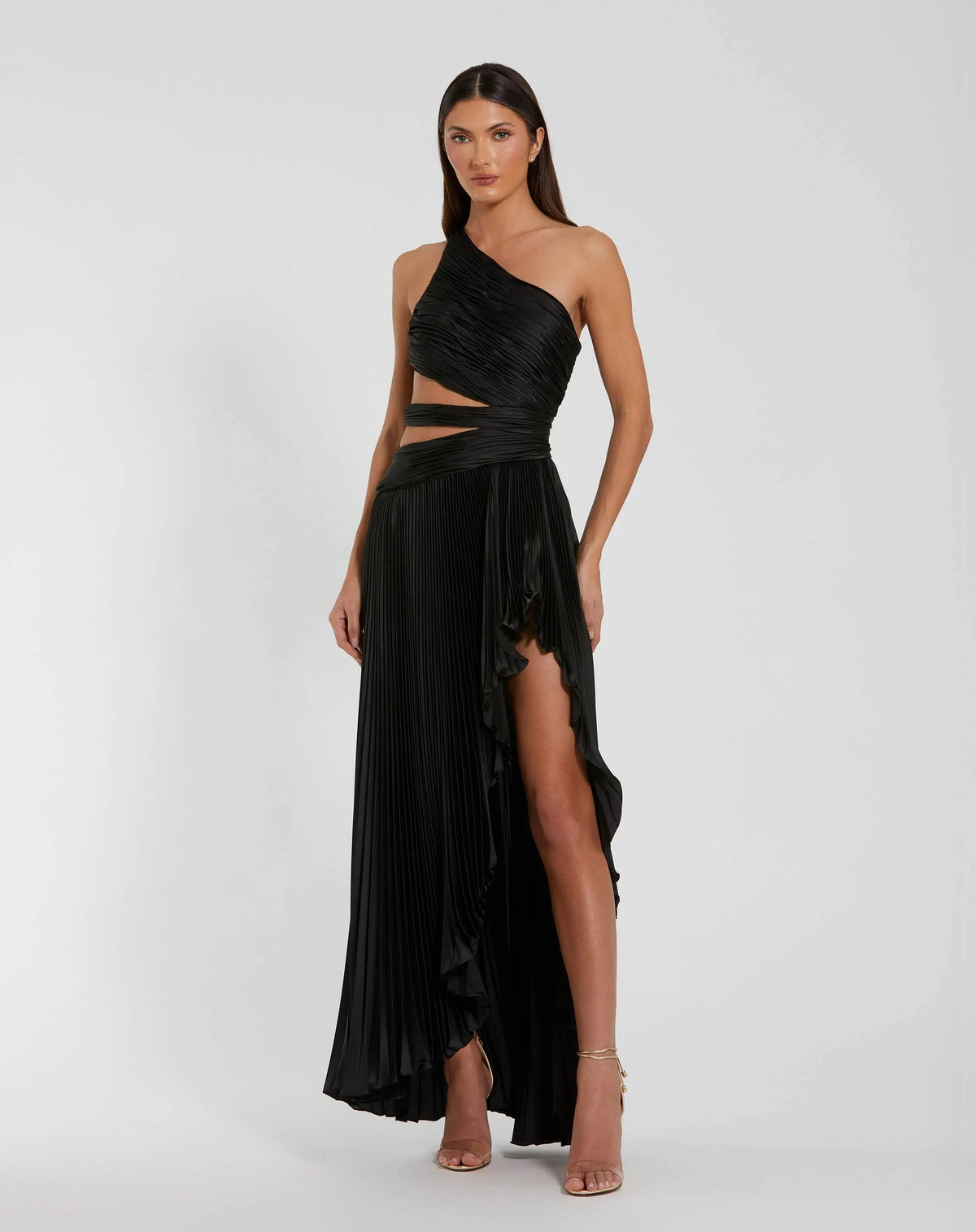 Black One Shoulder Pleated Charmeuse Gown with Slit