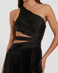 Black One Shoulder Pleated Charmeuse Gown with Slit
