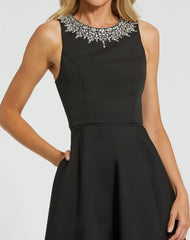 Black Crepe Embellished Neck High Low Gown