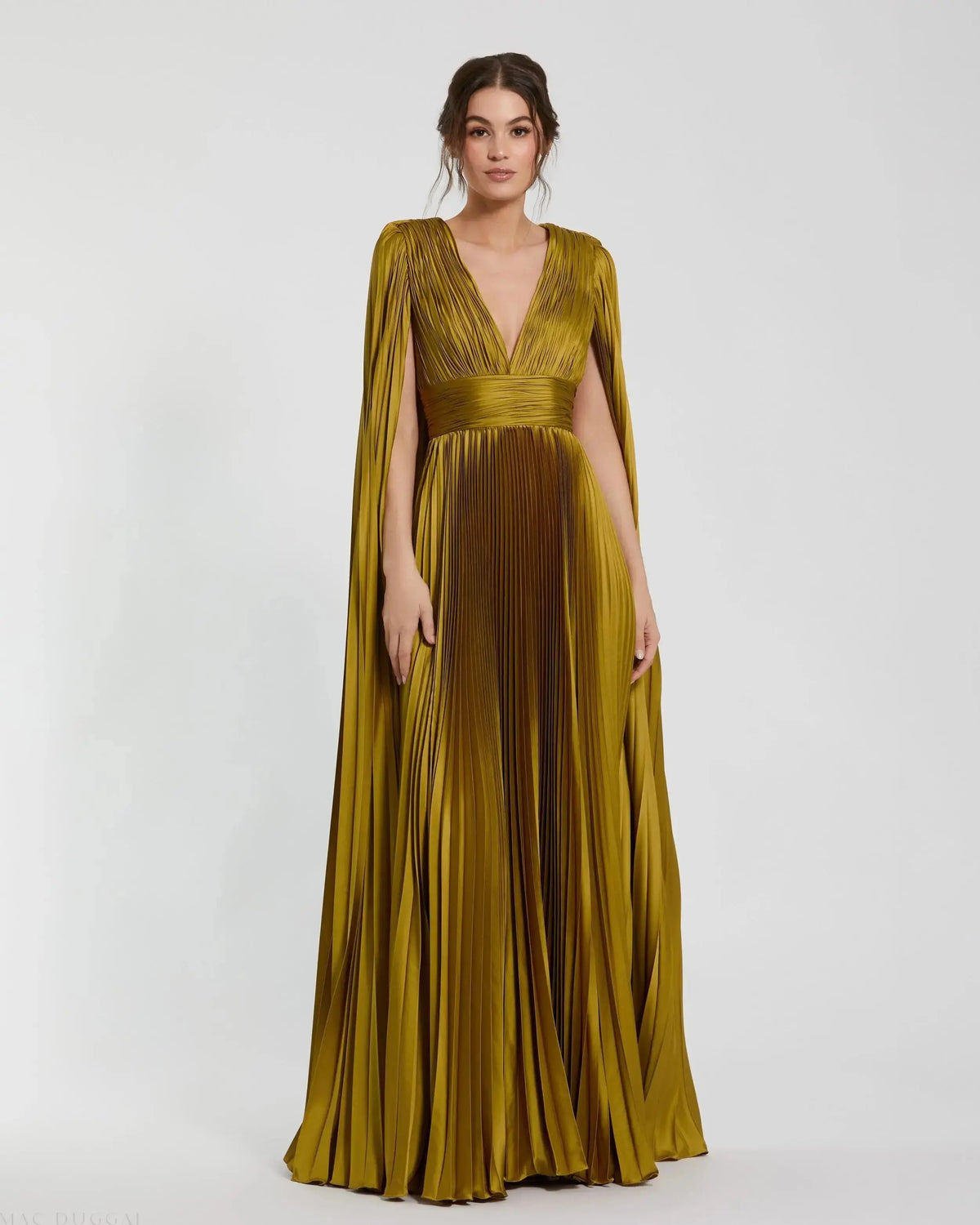 Petite Green Pleated Charmeuse V Neck Gown With Cape