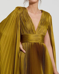 Petite Green Pleated Charmeuse V Neck Gown With Cape