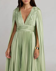 Light Green Pleated Charmeuse V Neck Gown With Cape