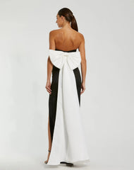 Black Satin Strapless Bustier Gown With Oversized Bow