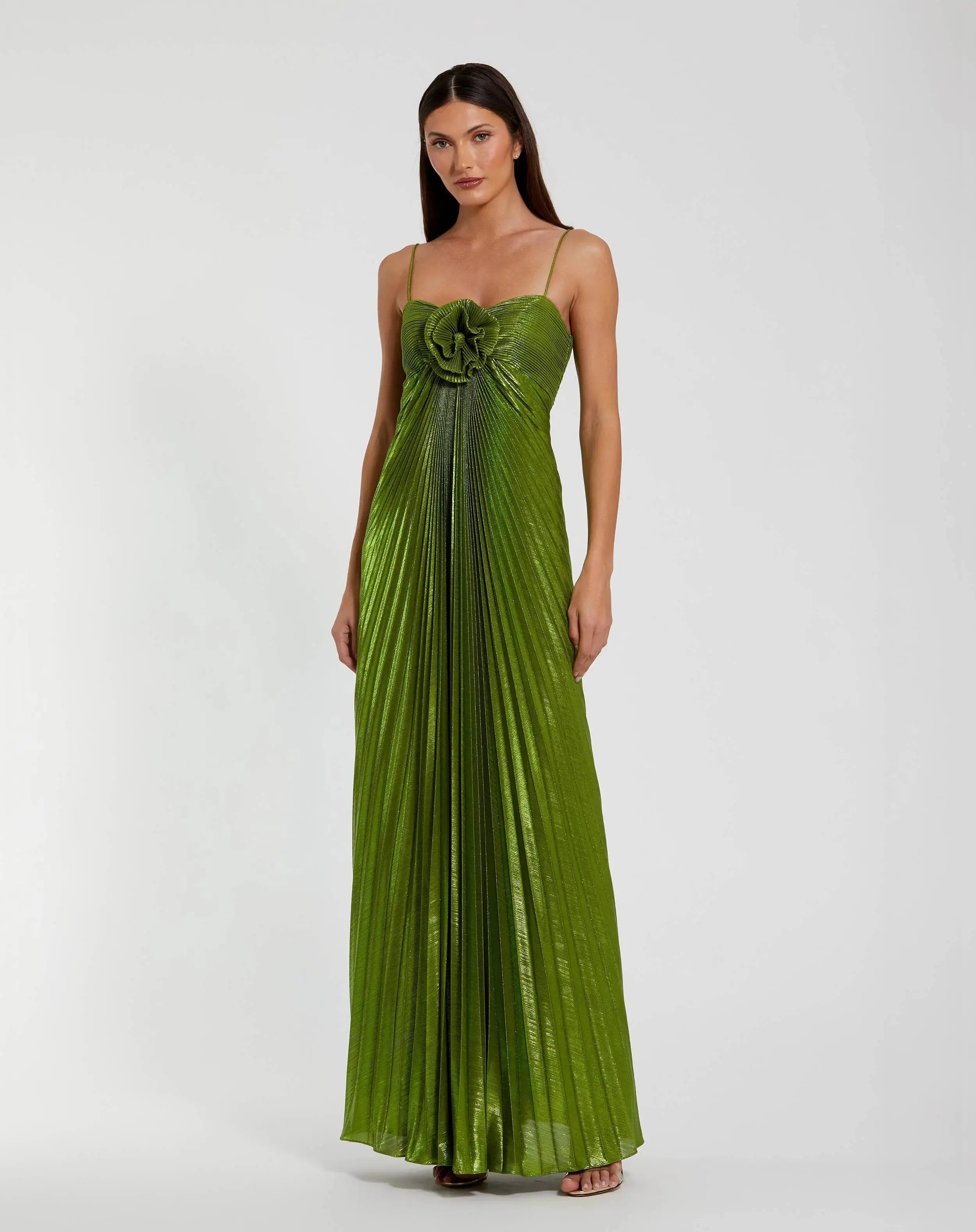 Metallic Pleated Gown with 3D Flower